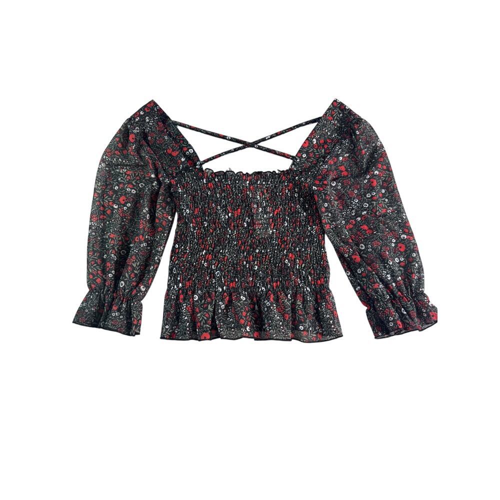 NWT Topshop Floral Smocked Crop Top Puff Sleeve Open Back Peplum US 6